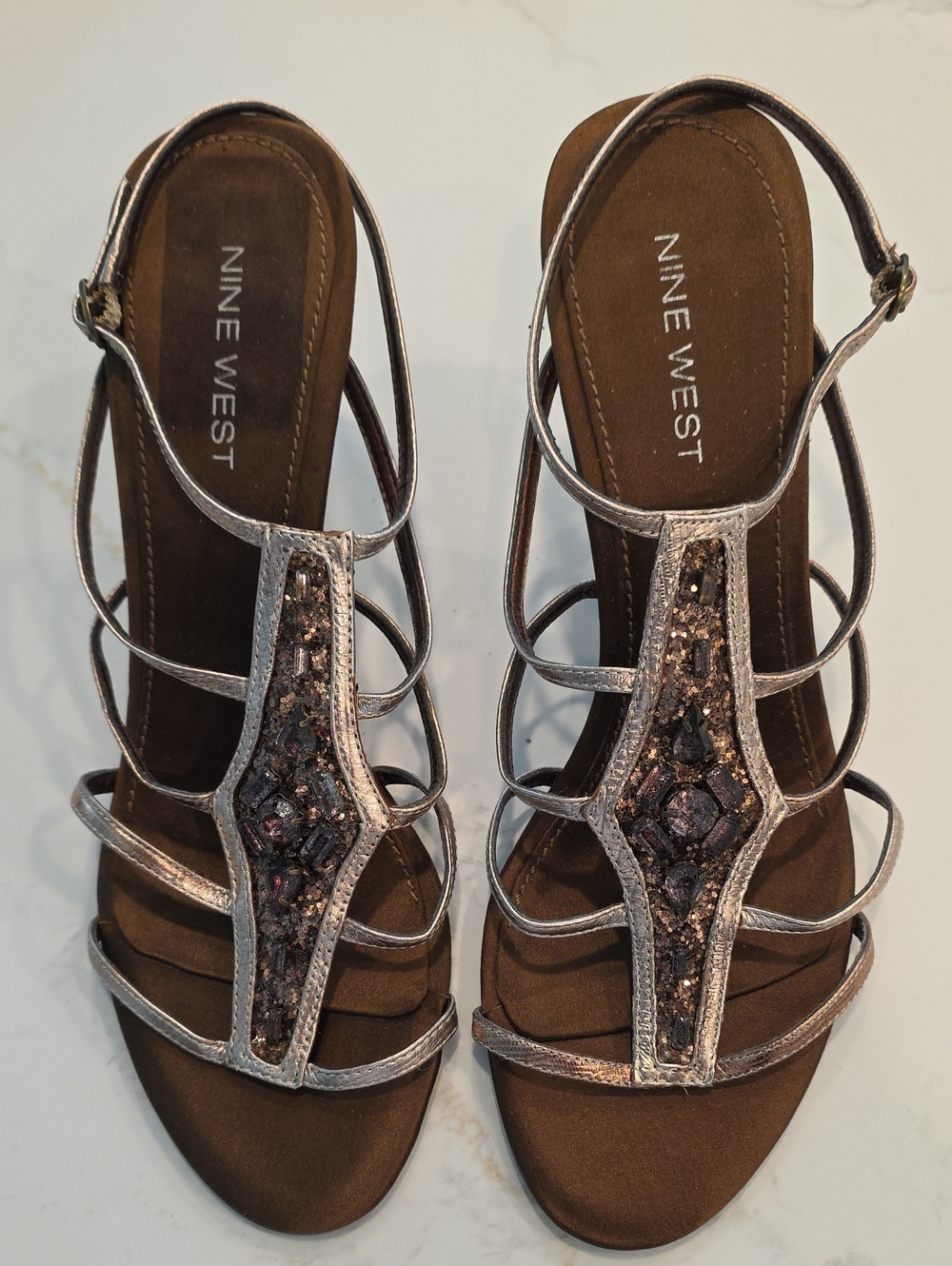 Nine West Bronze Metallic Jeweled T-Strap Heels, 7 1/2 Medium.  3 1/2 Heels